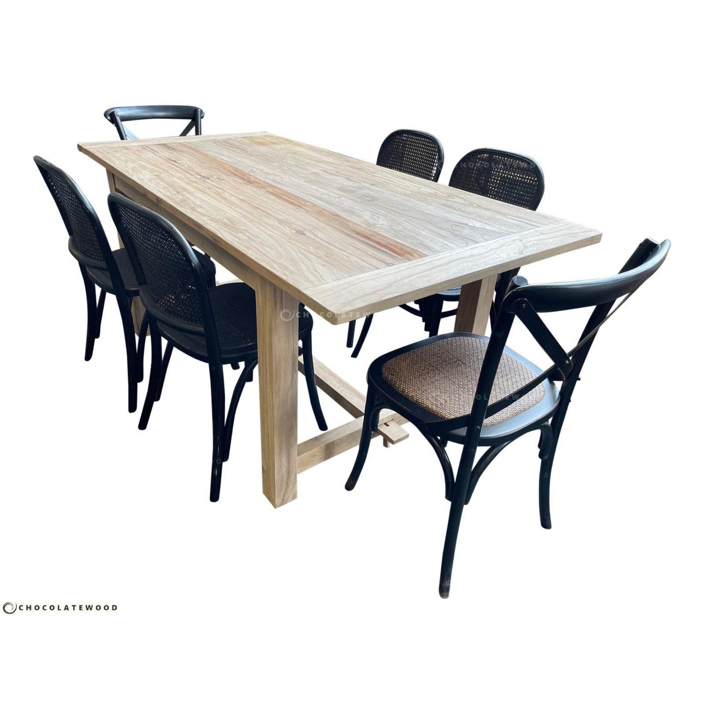 VALENCIA RECYCLED ELM DINING TABLE 184CM + 6 RECYCLED ELM BLACK BERMUDA DINING CHAIRS - MyChocolateWood