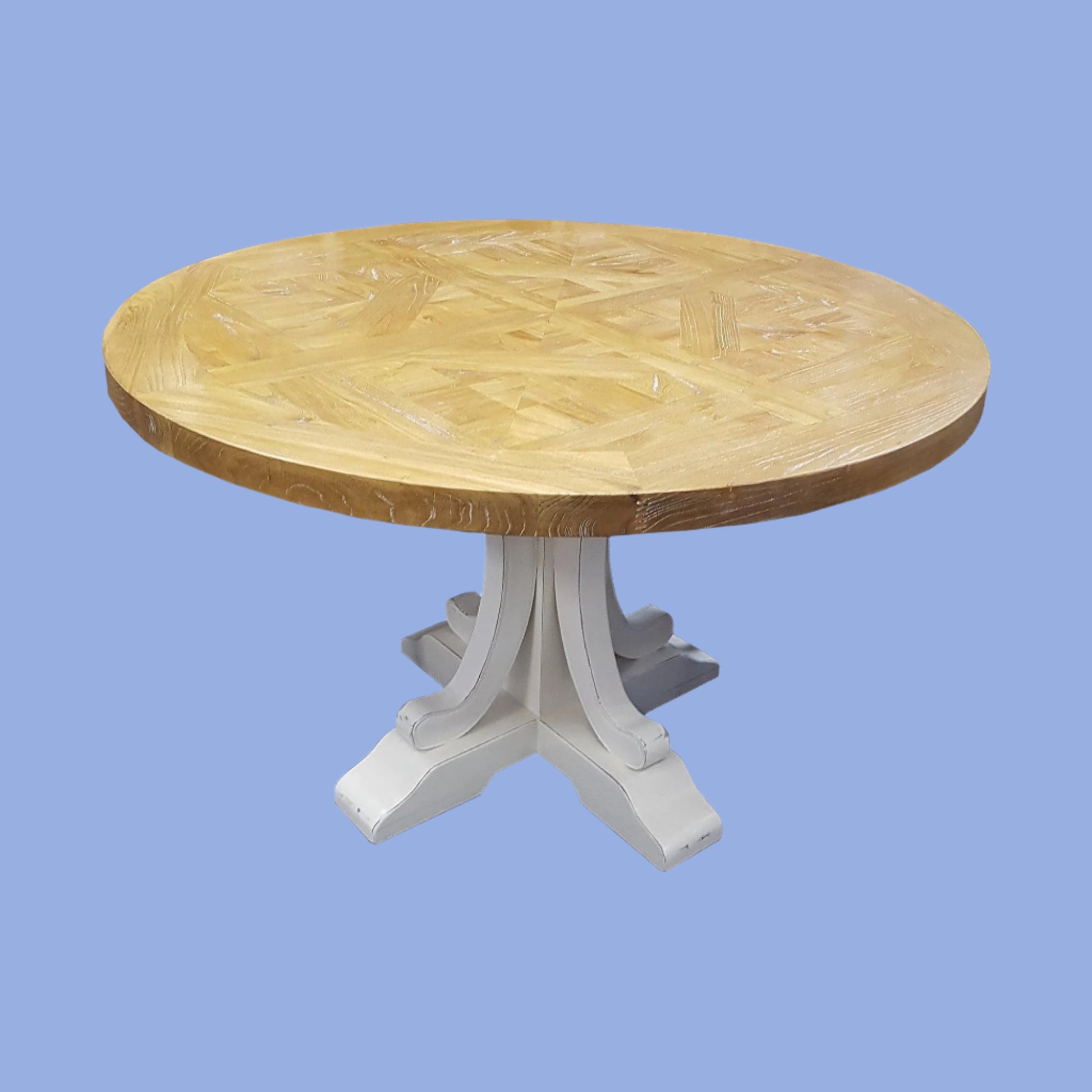 VALENTINA RECLAIMED ELM WOOD ROUND DINING TABLE 120CM- DISTRESSED WHITE BASE - MyChocolateWood