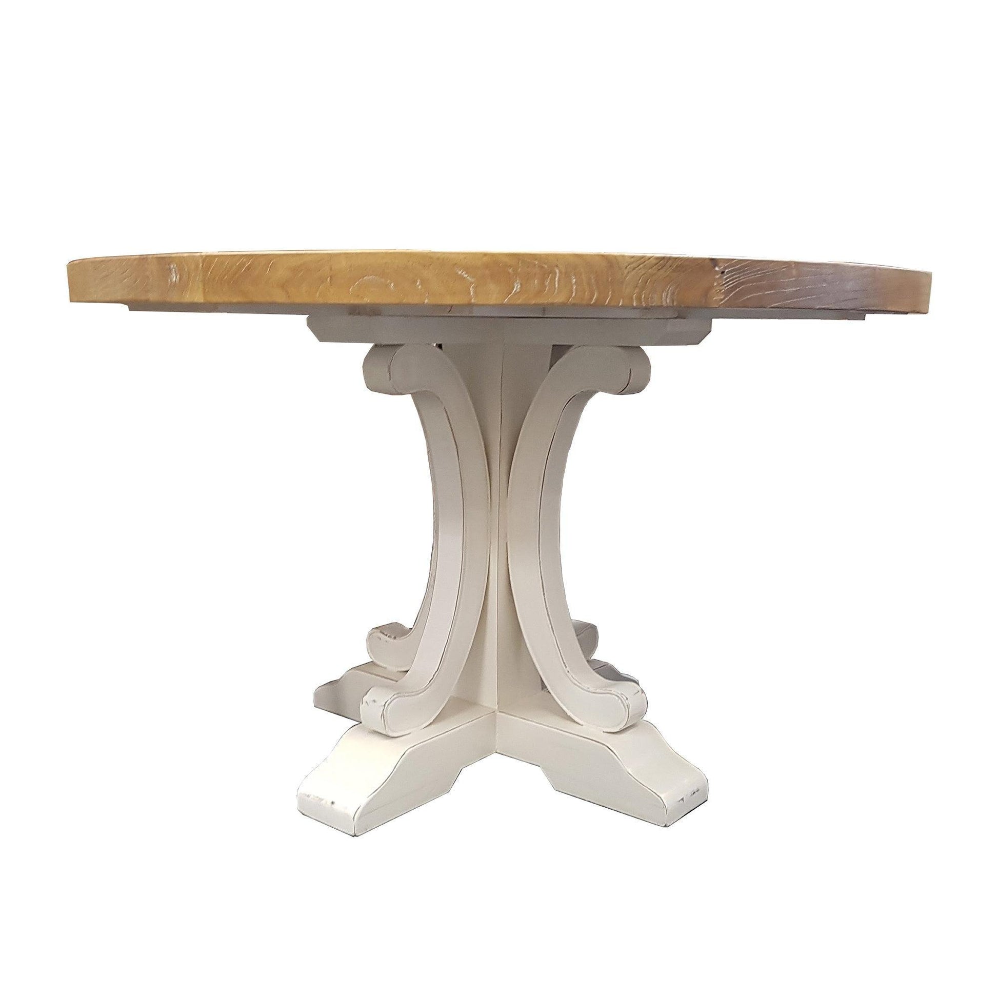 VALENTINA RECLAIMED ELM WOOD ROUND DINING TABLE 120CM- DISTRESSED WHITE BASE - MyChocolateWood