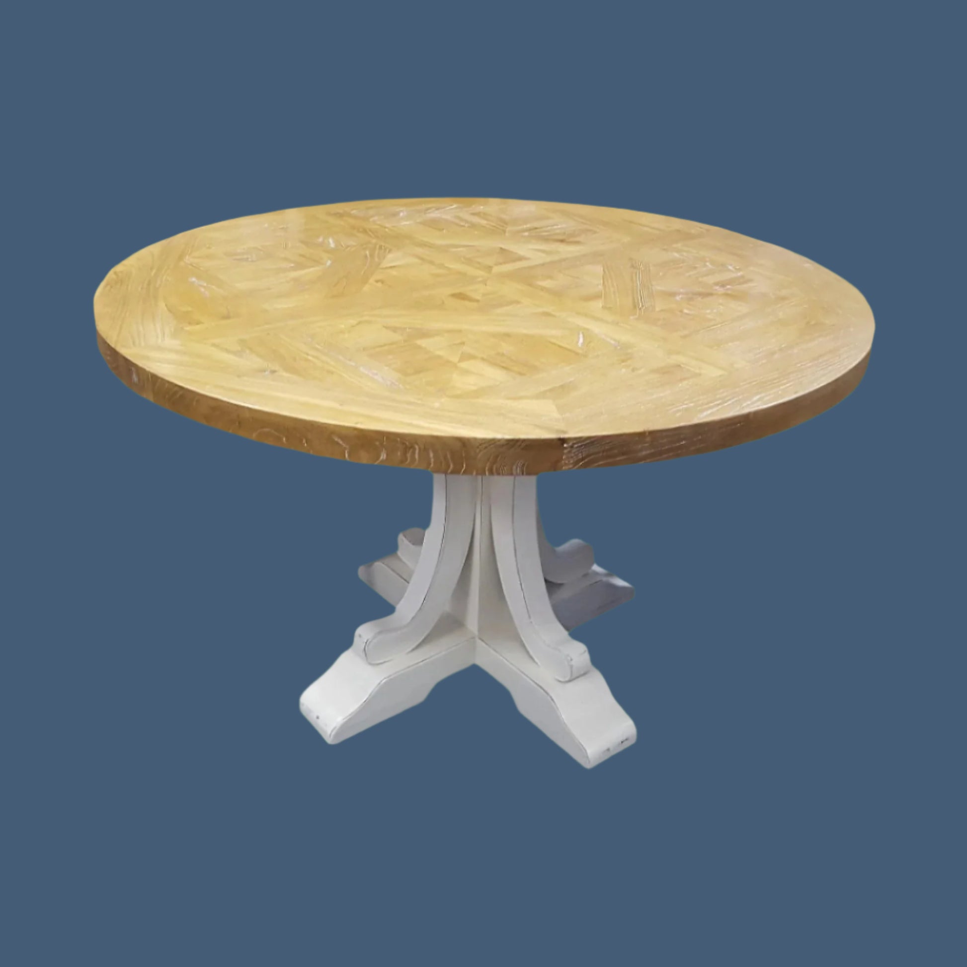 VALENTINA RECLAIMED ELM WOOD ROUND DINING TABLE 150CM- DISTRESSED WHITE BASE - MyChocolateWood