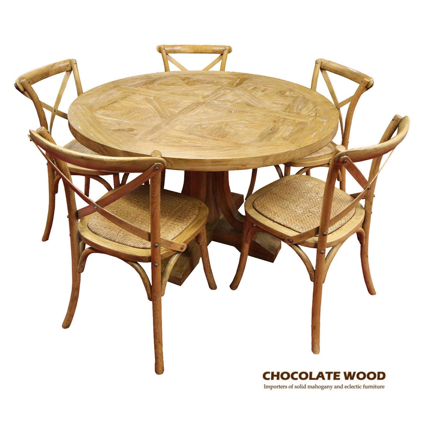 VALENTINA RECLAIMED ELMWOOD ROUND DINING TABLE 120CM- ALL NATURAL+ 5 MELROSE CROSS BACK CHAIRS IN NATURAL - MyChocolateWood
