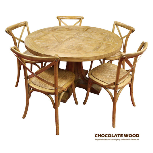 VALENTINA RECLAIMED ELMWOOD ROUND DINING TABLE 120CM- ALL NATURAL+ 5 MELROSE CROSS BACK CHAIRS IN NATURAL - MyChocolateWood