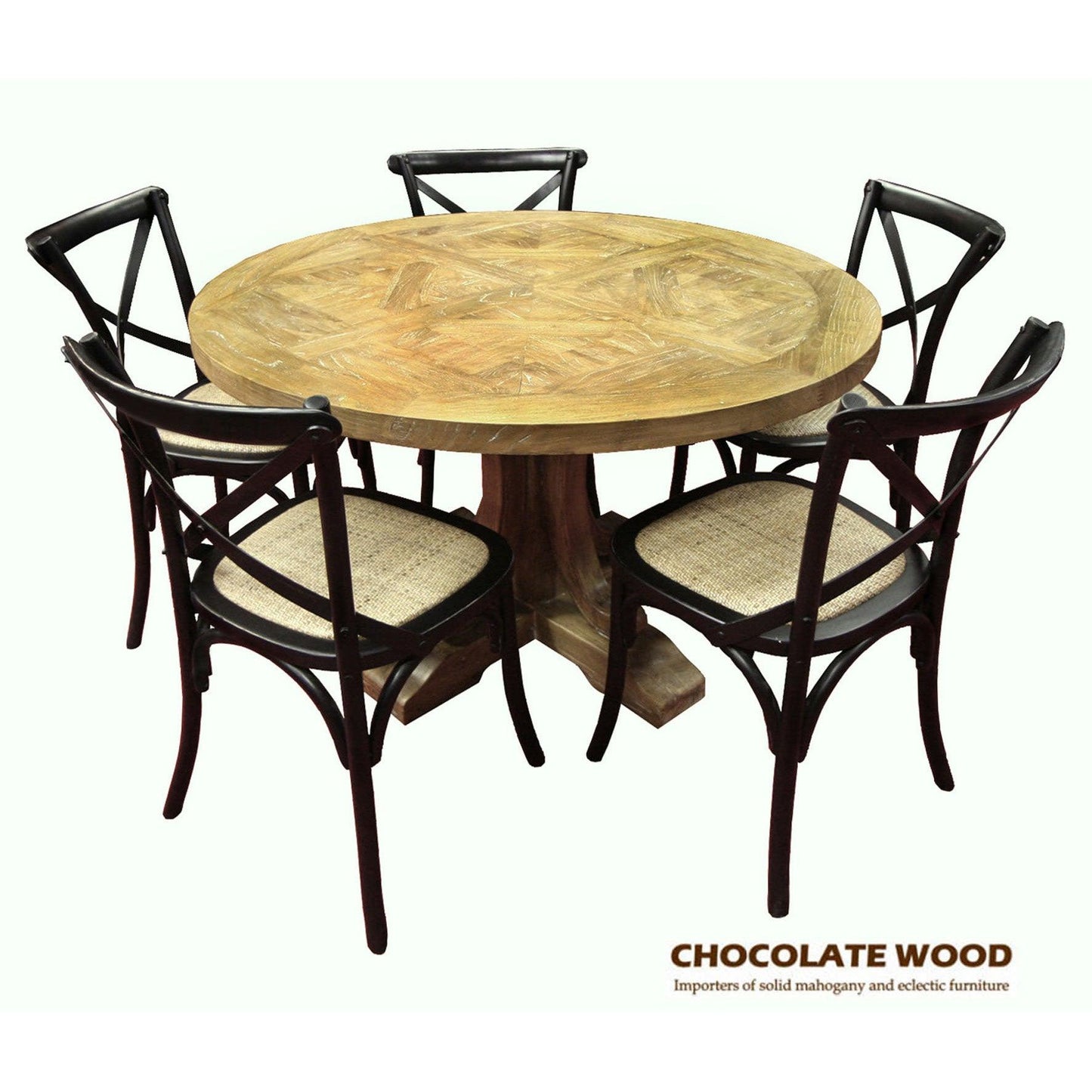 VALENTINA RECLAIMED ELMWOOD ROUND DINING TABLE 120CM- ALL NATURAL+ 5 MELROSE CROSS BACK CHAIRS IN SOLID BLACK - MyChocolateWood