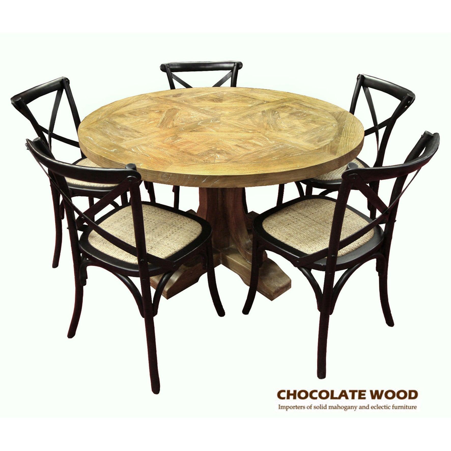 VALENTINA RECLAIMED ELMWOOD ROUND DINING TABLE 120CM- ALL NATURAL+ 5 MELROSE CROSS BACK CHAIRS IN SOLID BLACK - MyChocolateWood