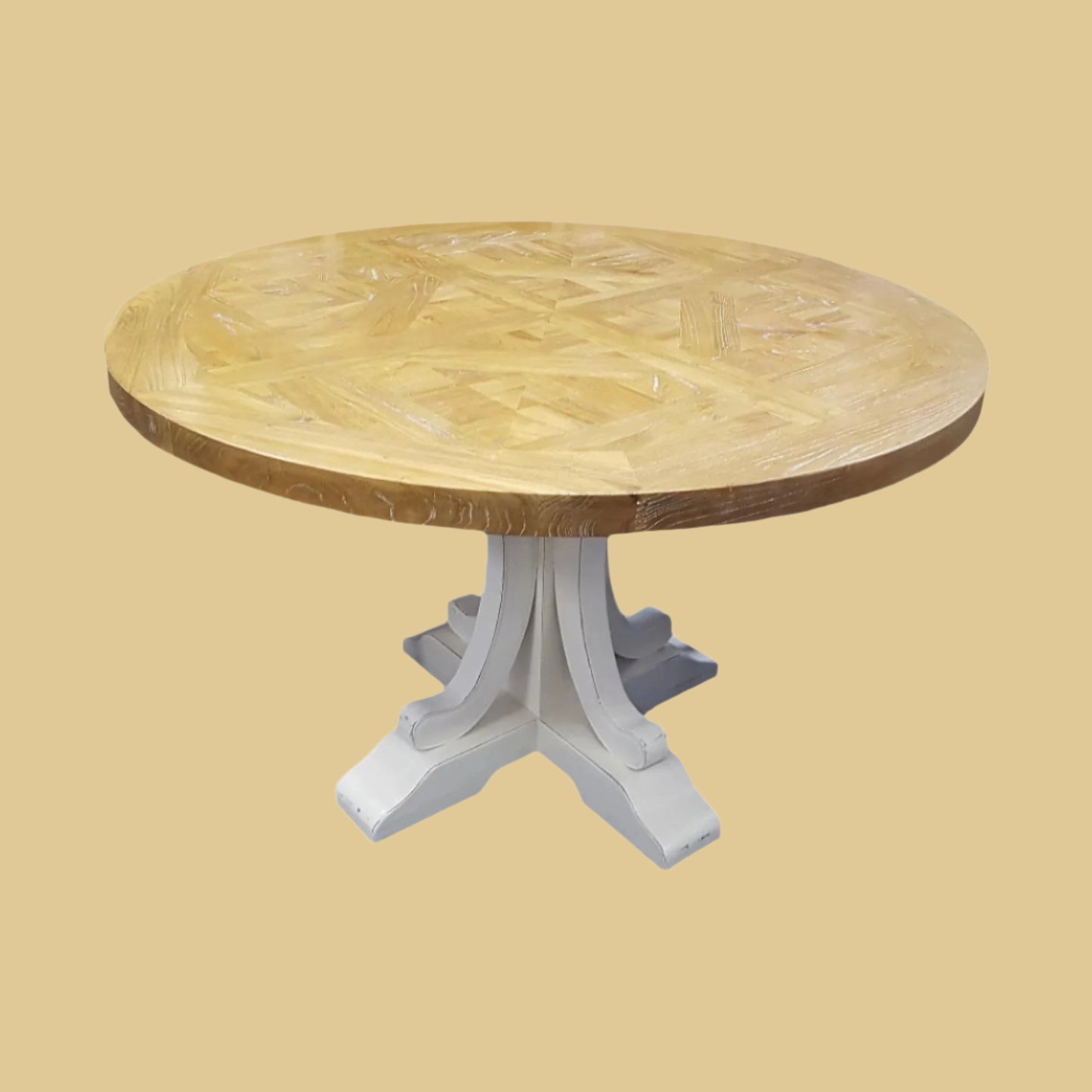 VALENTINA RECLAIMED ELMWOOD ROUND DINING TABLE 140CM- DISTRESSED WHITE BASE - MyChocolateWood