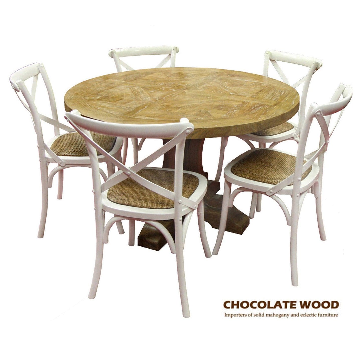 VALENTINA ROUND DINING TABLE 120CM- ALL NATURAL+ 5 MELROSE CROSS BACK CHAIRS IN SOLID WHITE - MyChocolateWood
