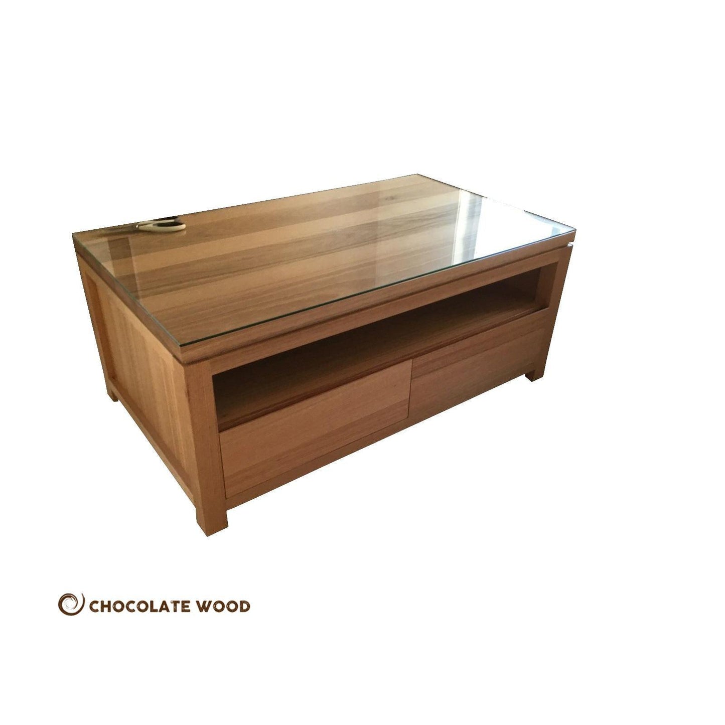 VERMONT TASSIE OAK 2 DRAWER COFFEE TABLE WITH A GLASS TOP AUSTRALIAN CUSTOM MADE - MyChocolateWood