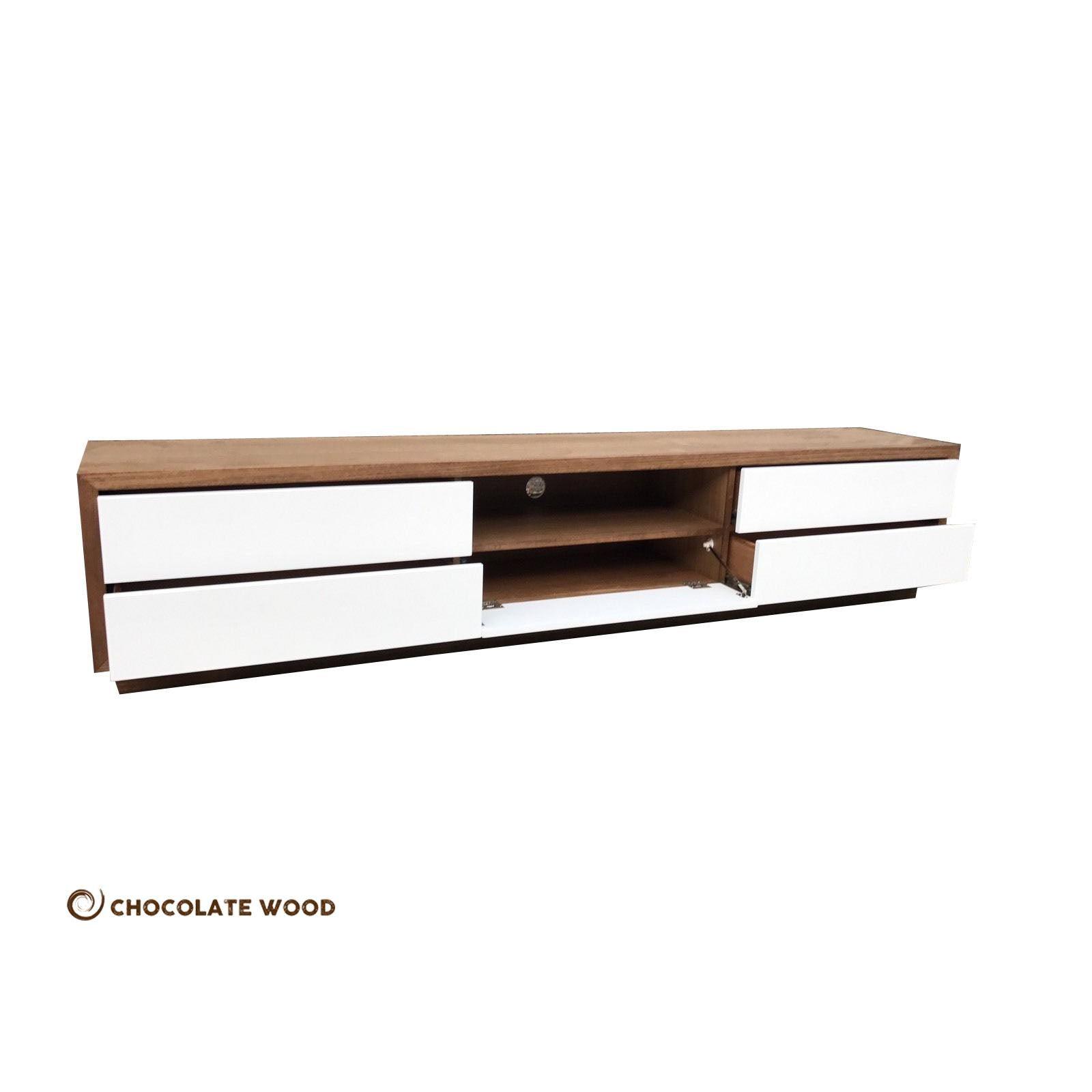 VICTORIA TASSIE OAK WALL MOUNTED 4 DRAWER DROP DOWN TV/ENTERTAINMENT UNIT IN CLEAR LACQUER - MyChocolateWood