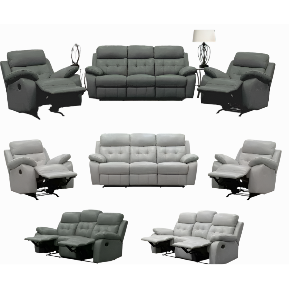 VOGUE GENUINE LEATHER 3-SEATER SOFA WITH 2 RECLINERS + 2 SINGLE RECLINER ARMCHAIRS LOUNGE SUITE GREY - MyChocolateWood