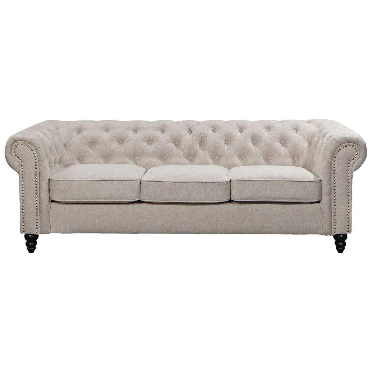 WOODLEY 3-SEATER CHESTERFIELD SOFA COUCH SETTEE IN BEIGE FABRIC - MyChocolateWood