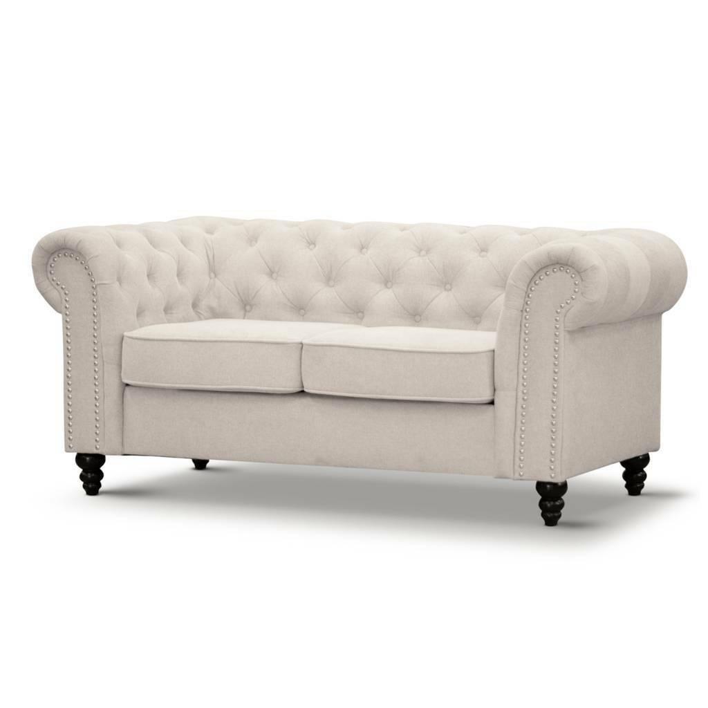 WOODLEY LOUNGE CHESTERFIELD 2-SEATER SOFA COUCH SETTEE IN BEIGE FABRIC - MyChocolateWood