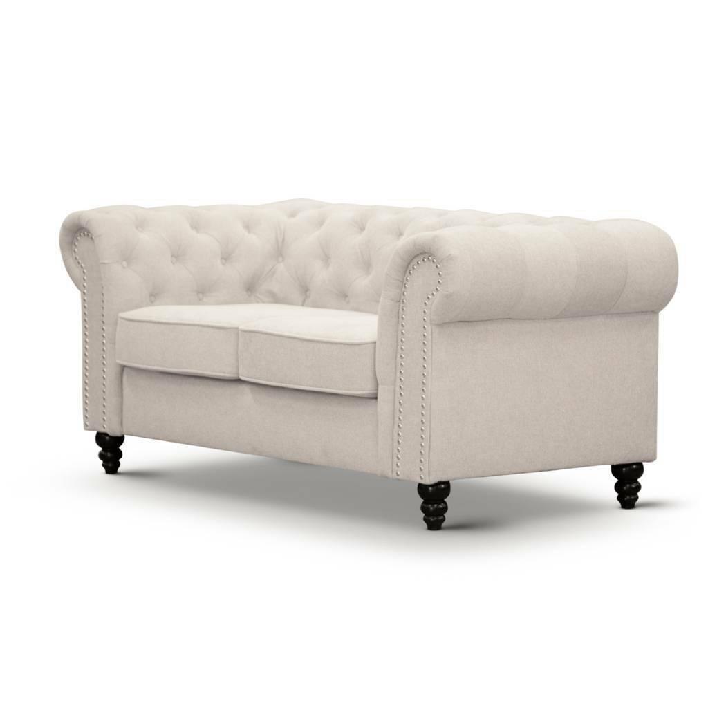 WOODLEY LOUNGE CHESTERFIELD 2-SEATER SOFA COUCH SETTEE IN BEIGE FABRIC - MyChocolateWood