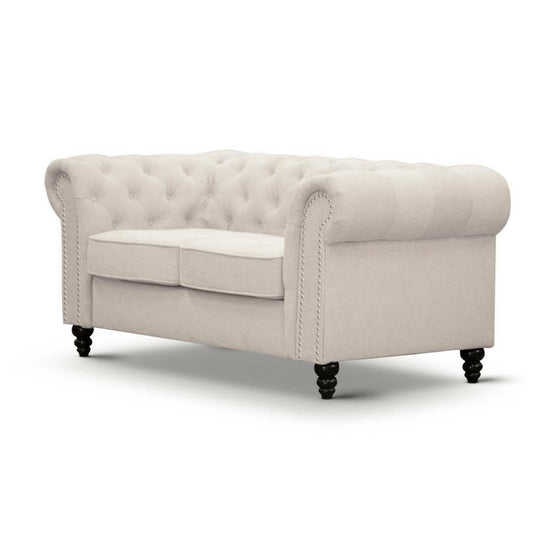 WOODLEY LOUNGE CHESTERFIELD 2-SEATER SOFA COUCH SETTEE IN BEIGE FABRIC - MyChocolateWood