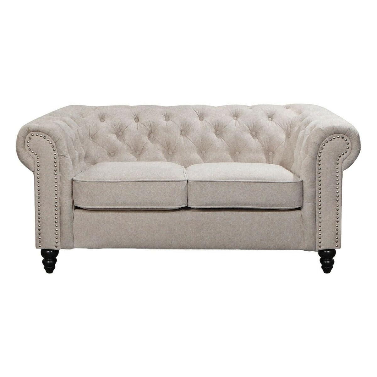 WOODLEY LOUNGE CHESTERFIELD 2-SEATER SOFA COUCH SETTEE IN BEIGE FABRIC - MyChocolateWood