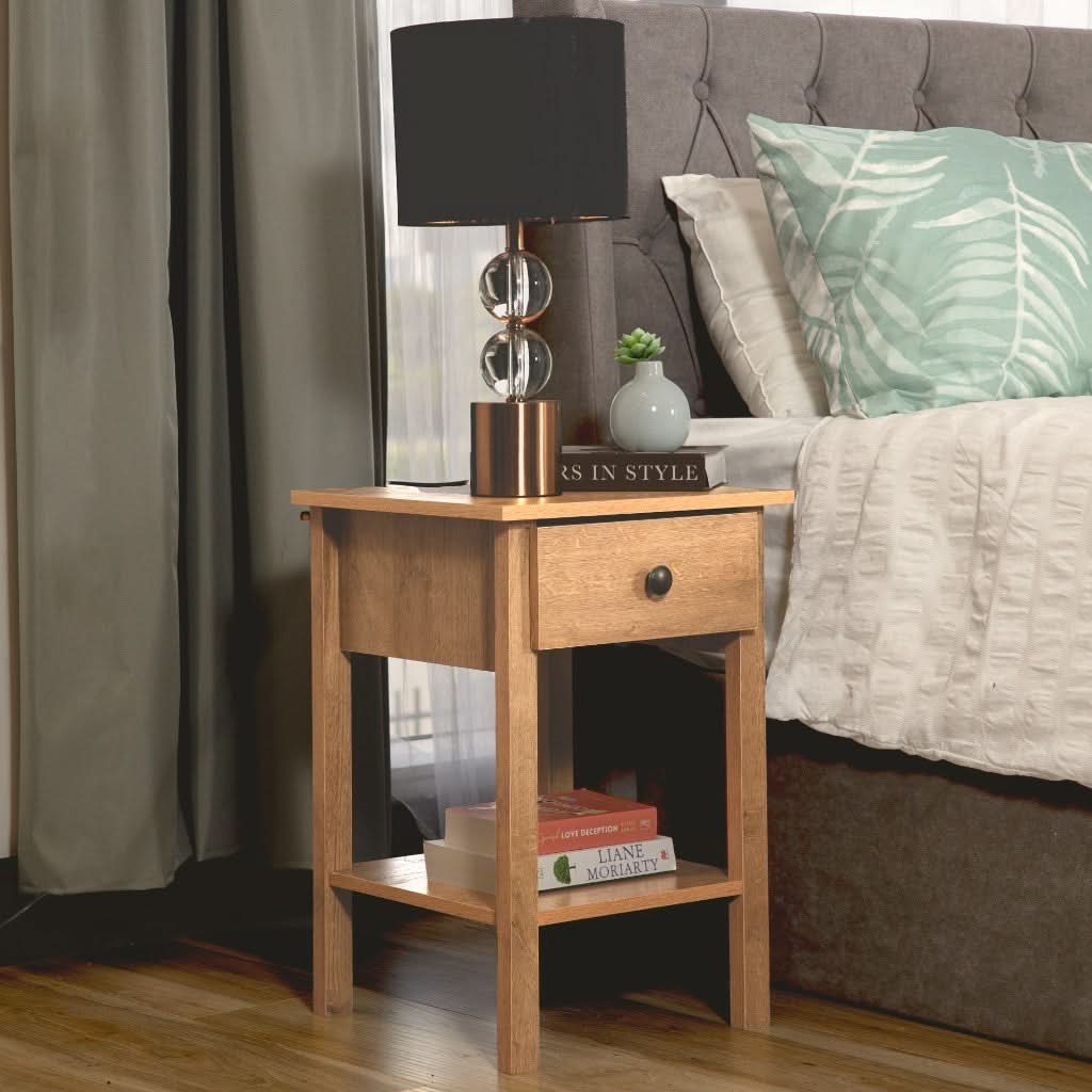 ZYLA 1-DRAWER 1-SHELF BEDSIDE TABLE RIVIERA OAK - MyChocolateWood