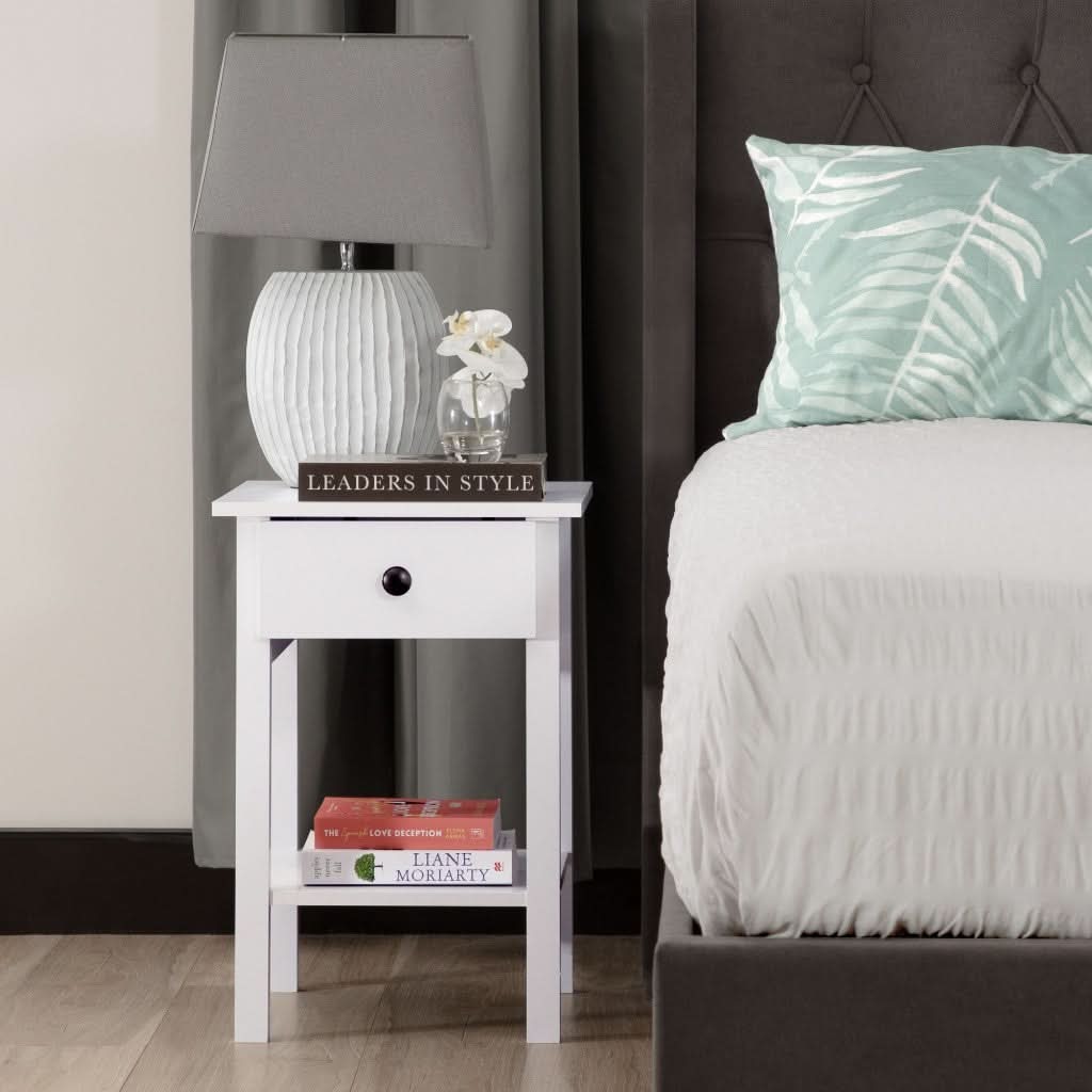 ZYLA 1-DRAWER 1-SHELF BEDSIDE TABLE WHITE - MyChocolateWood