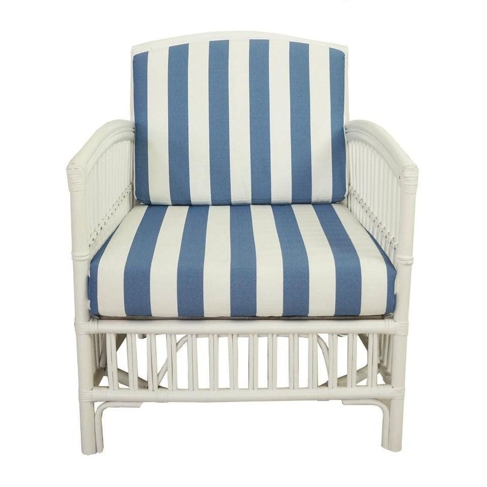 SHIPTON HAMPTONS RATTAN ARMCHAIR IN TOBACCO/TAUPE CUSHION WITH AN ADDITIONAL OUTDOOR CUSHION COVER IN WHITE & BLUE WHITE STRIPES