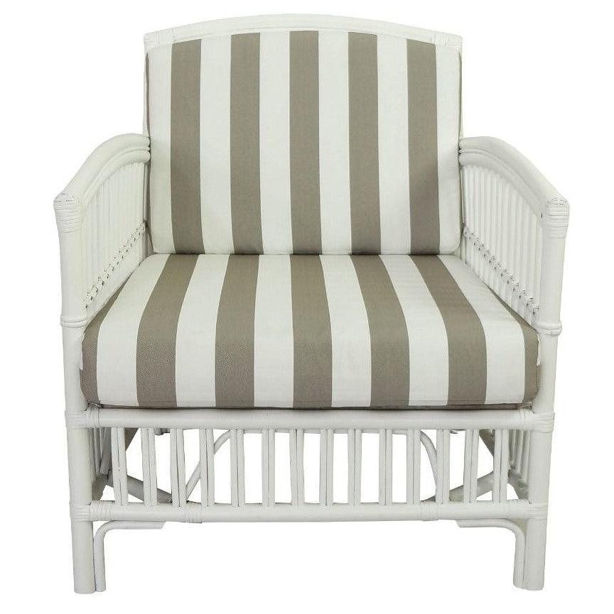 SHIPTON HAMPTONS RATTAN ARMCHAIR IN WHITE/NAVY CUSHION WITH AN ADDITIONAL OUTDOOR CUSHION COVER IN WHITE & BROWN STRIPE - MyChocolateWood