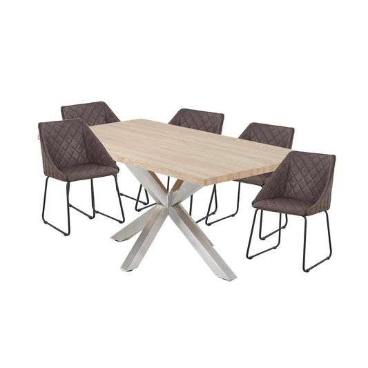 MESSI DINING SET - STAINLESS STEEL LEGS, NATURAL TOP TABLE + 6 BROWN DINING CHAIRS