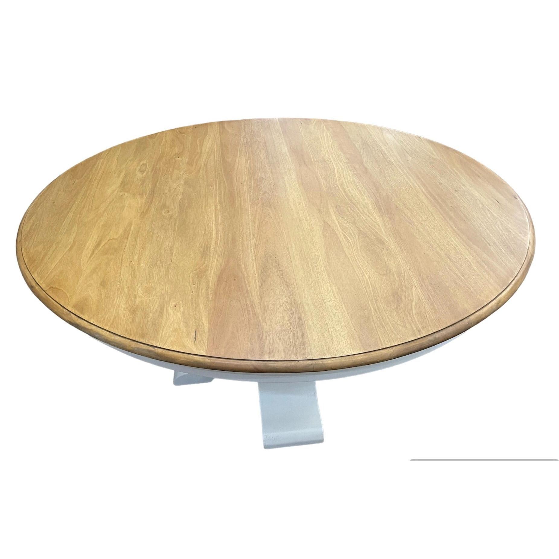 BECKETT HAMPTON STYLE SOLID MAHOGANY ROUND TRESTLE DINING TABLE IN ANTIQUE FRENCH OAK/ARCHITECTURAL WHITE 183CM - MyChocolateWood