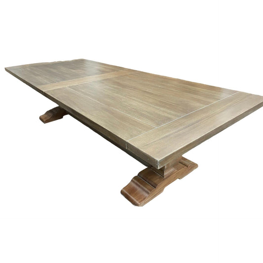 BECKETT HAMPTON STYLE SOLID MAHOGANY TRESTLE DINING TABLE IN STRAW WASH 244CM