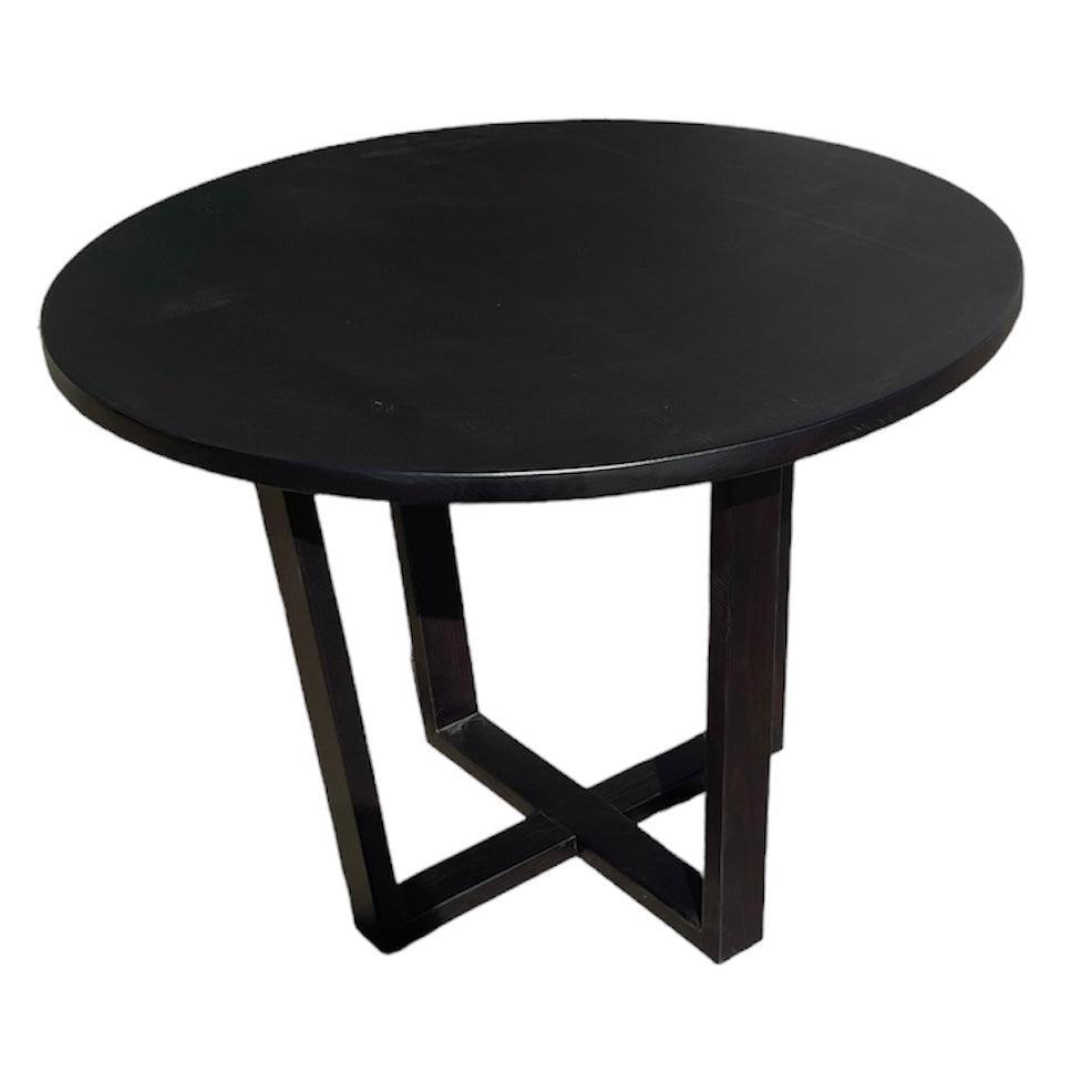 CUSTOM MADE FELINI ROUND DINING TABLE IN SOLID TASSIE OAK 1000MM IN SOLID BLACK + 4 X BERMUDA DINING CHAIR IN DISTRESSED BLACK