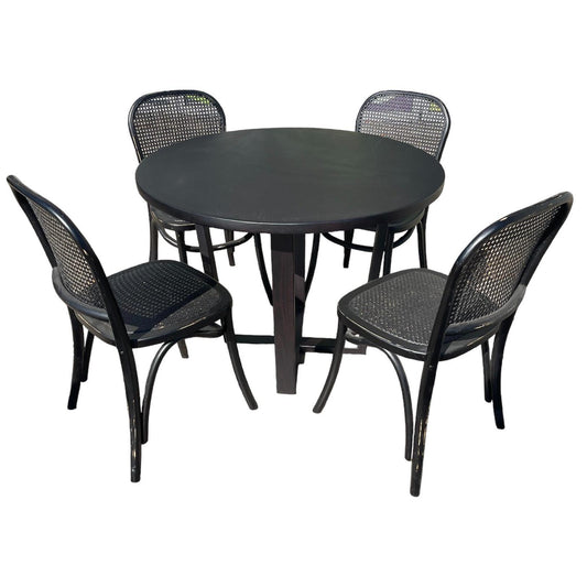 CUSTOM MADE FELINI ROUND DINING TABLE IN SOLID TASSIE OAK 1000MM IN SOLID BLACK + 4 X BERMUDA DINING CHAIR IN DISTRESSED BLACK