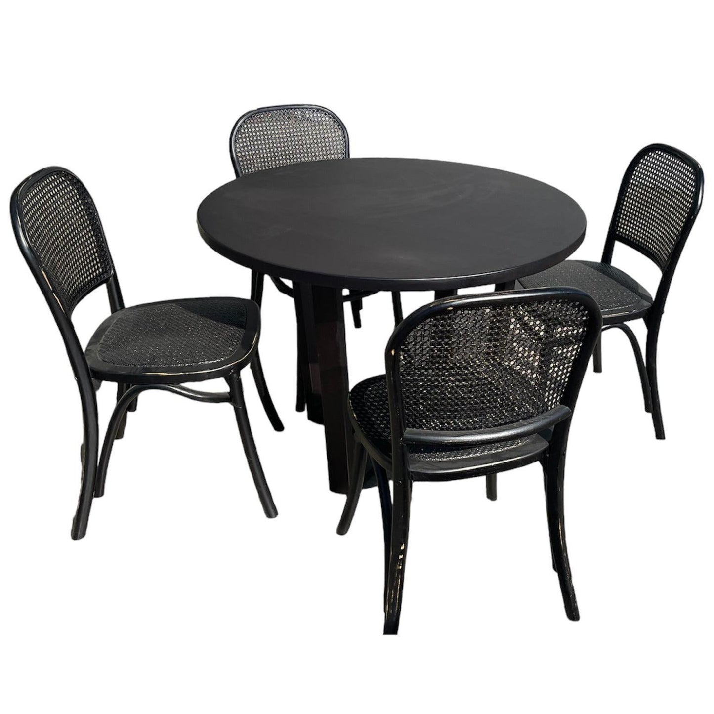 CUSTOM MADE FELINI ROUND DINING TABLE IN SOLID TASSIE OAK 1000MM IN SOLID BLACK + 4 X BERMUDA DINING CHAIR IN DISTRESSED BLACK