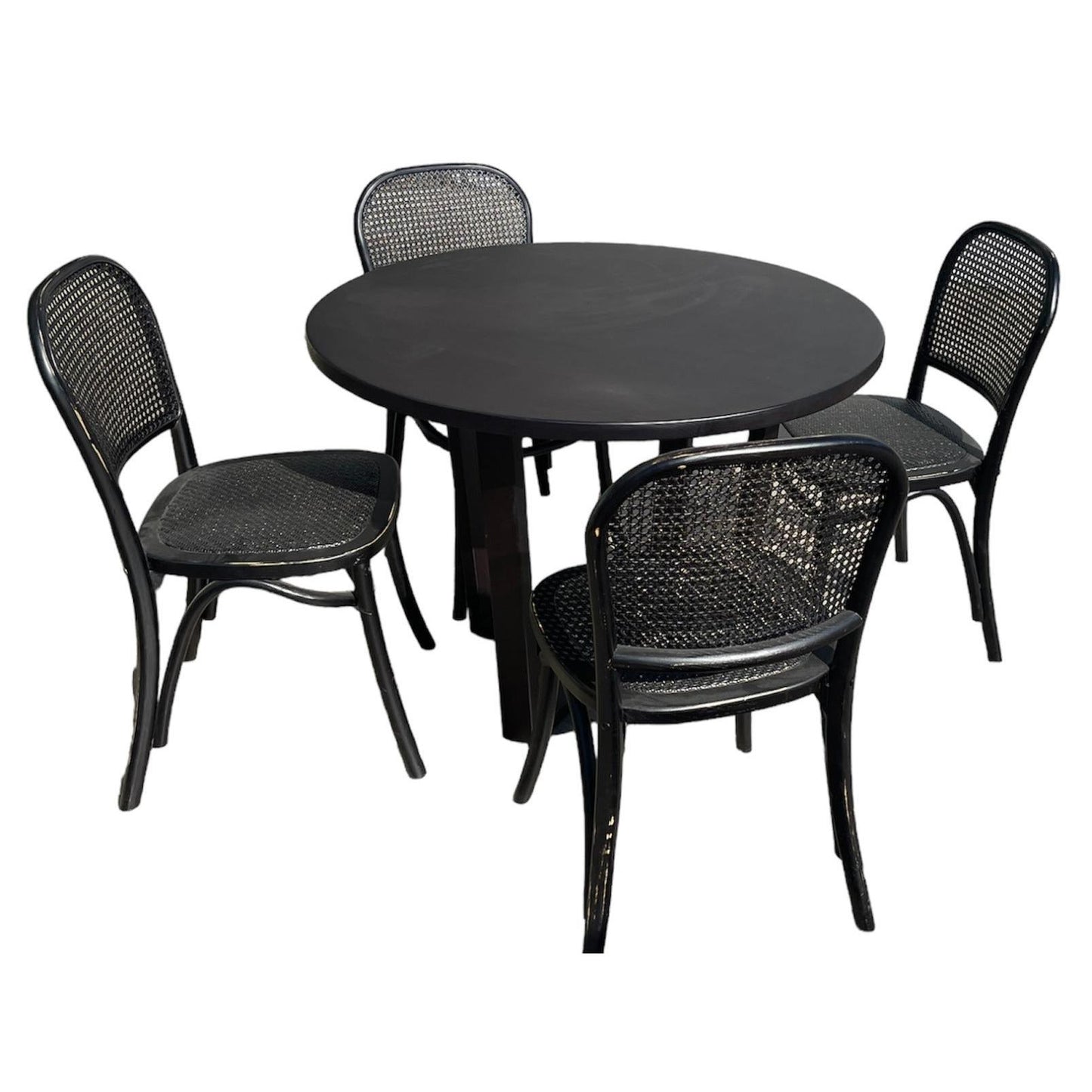 CUSTOM MADE FELINI ROUND DINING TABLE IN SOLID TASSIE OAK 1000MM IN SOLID BLACK + 4 X BERMUDA DINING CHAIR IN DISTRESSED BLACK