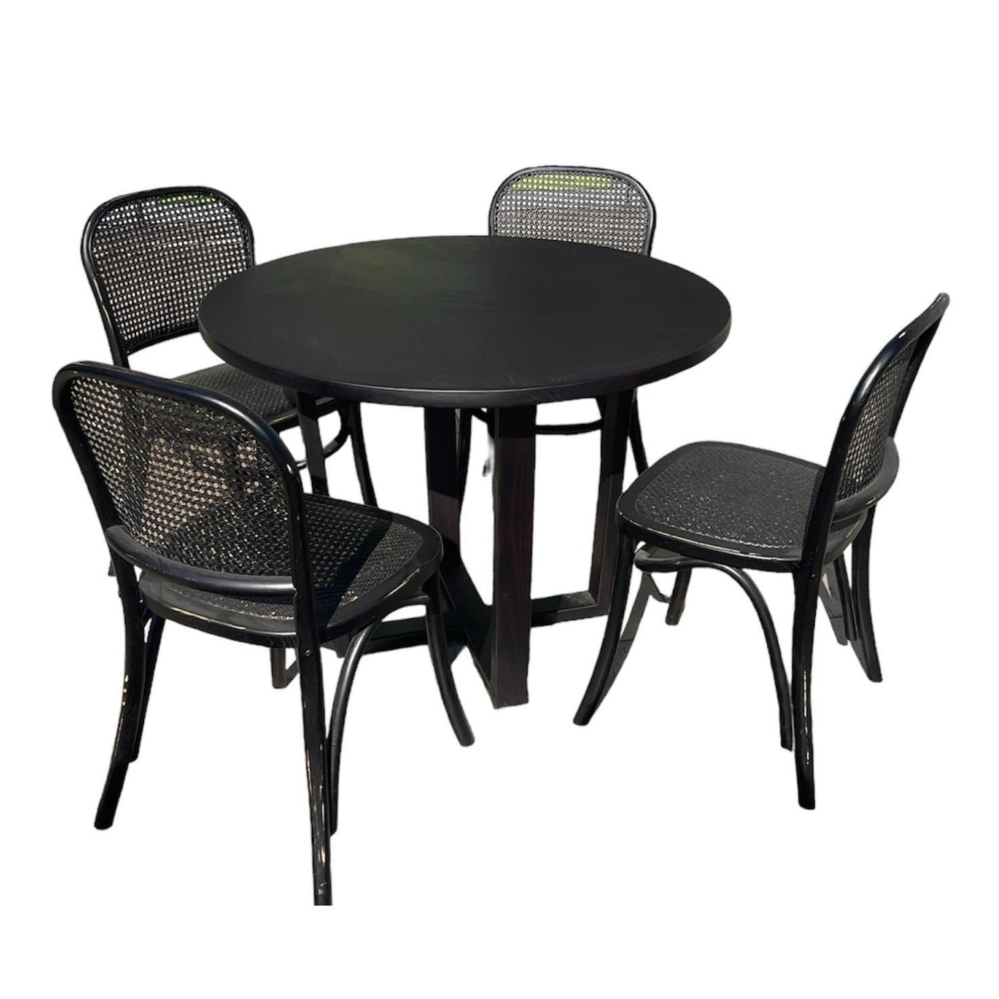 CUSTOM MADE FELINI ROUND DINING TABLE IN SOLID TASSIE OAK 1000MM IN SOLID BLACK + 4 X BERMUDA DINING CHAIR IN DISTRESSED BLACK
