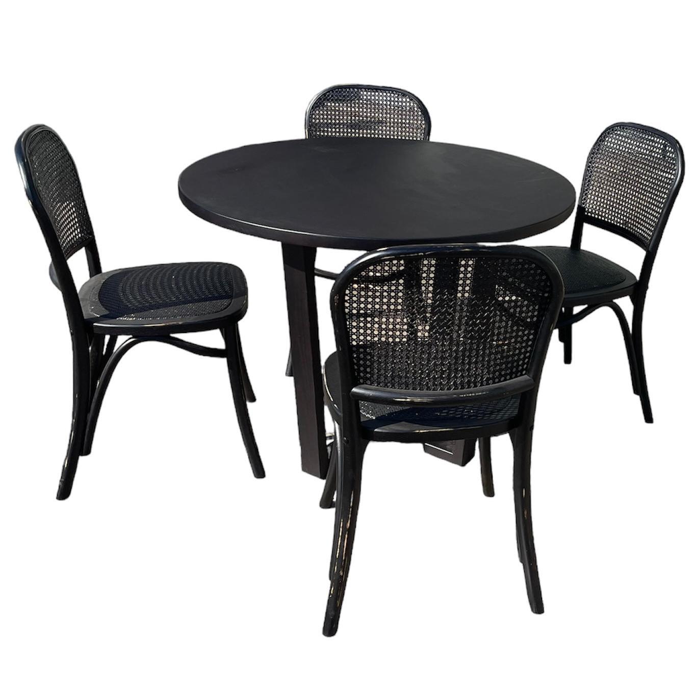 CUSTOM MADE FELINI ROUND DINING TABLE IN SOLID TASSIE OAK 1000MM IN SOLID BLACK + 4 X BERMUDA DINING CHAIR IN DISTRESSED BLACK