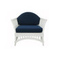 DENIZE HAMPTONS RATTAN ARMCHAIR IN WHITE WITH A NAVY CUSHION AND AN ADDITIONAL OUTDOORS COVER IN BLUE & WHITE STRIPES - MyChocolateWood