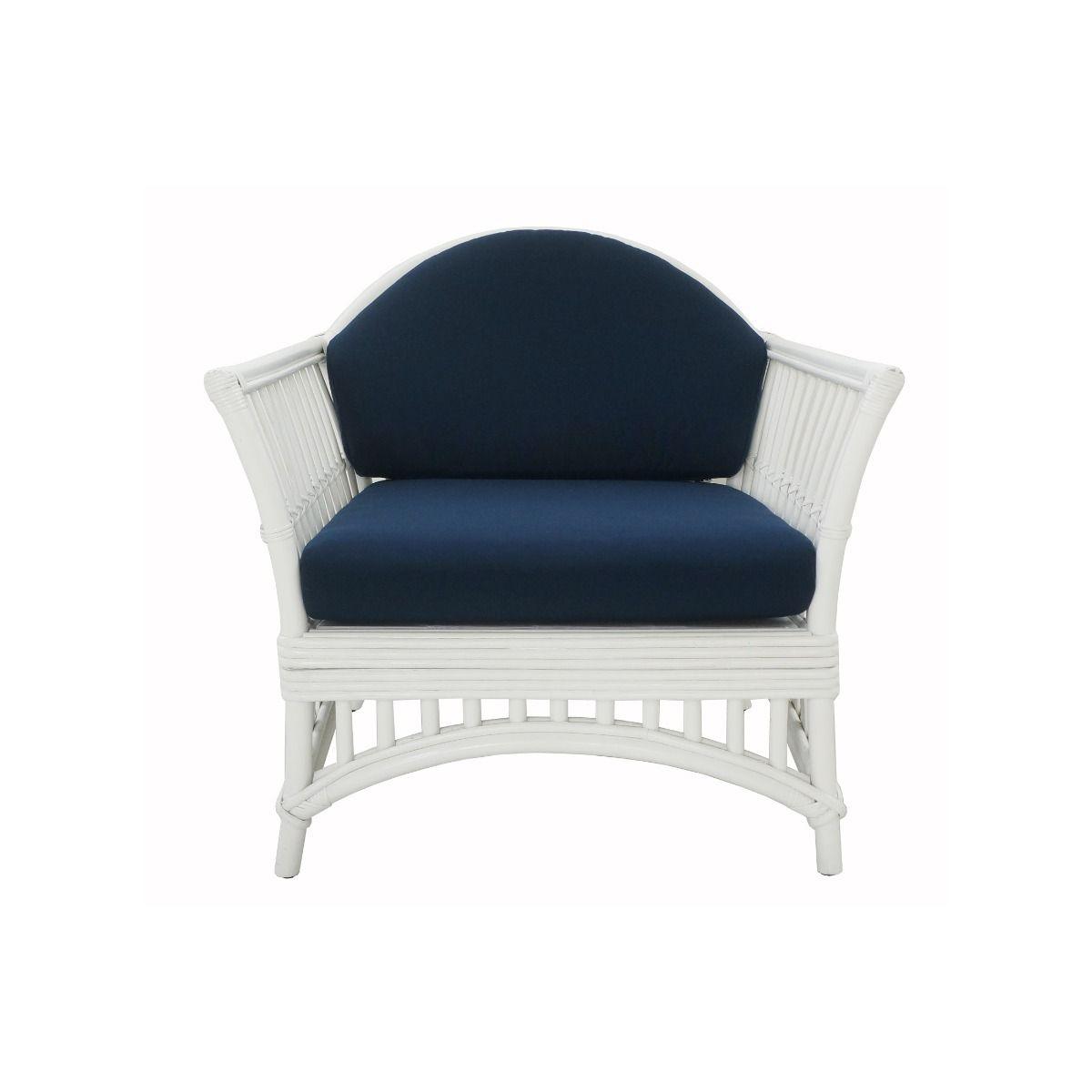 DENIZE HAMPTONS RATTAN ARMCHAIR IN WHITE WITH A NAVY CUSHION AND AN ADDITIONAL OUTDOORS COVER IN BROWN & WHITE STRIPES - MyChocolateWood