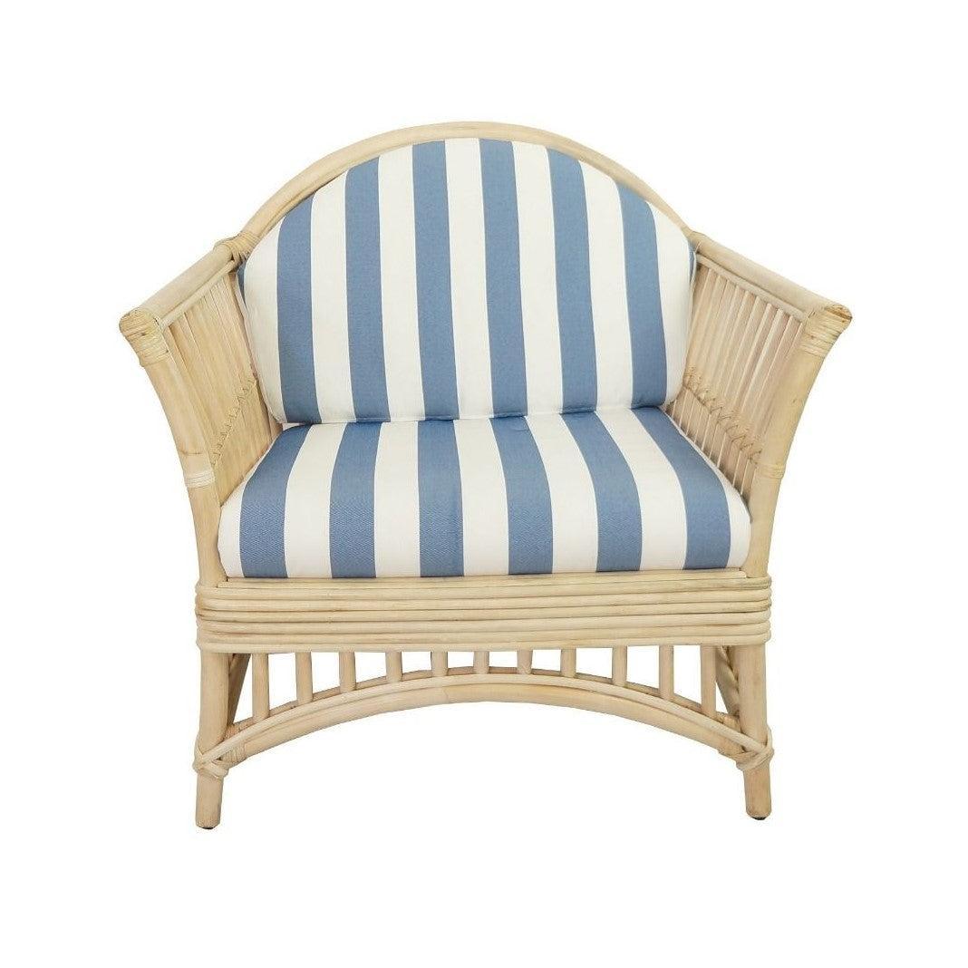 DENIZE HAMPTONS RATTAN ARMCHAIR IN NATURAL WITH A WHITE CUSHION AND AN ADDITIONAL OUTDOORS COVER IN BLUE & WHITE STRIPES - MyChocolateWood