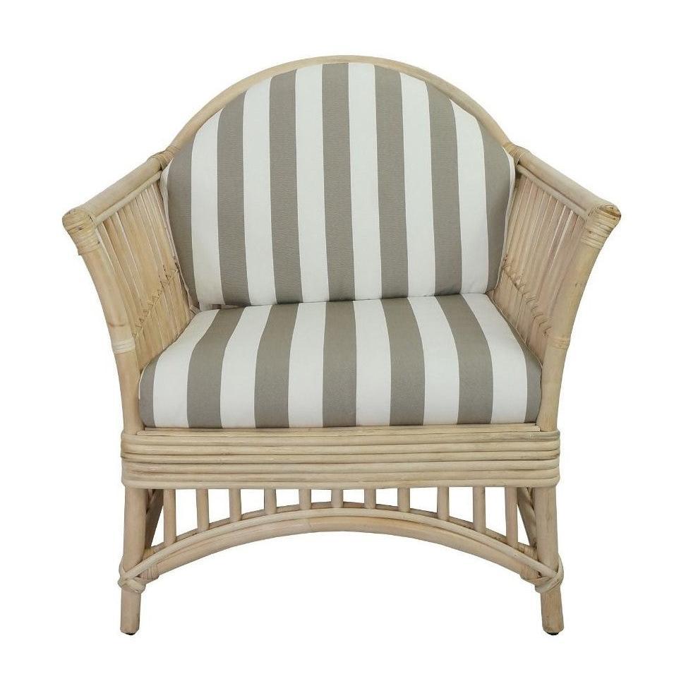 DENIZE HAMPTONS RATTAN ARMCHAIR IN NATURAL WITH A WHITE CUSHION AND AN ADDITIONAL OUTDOORS COVER IN BROWN & WHITE STRIPES - MyChocolateWood
