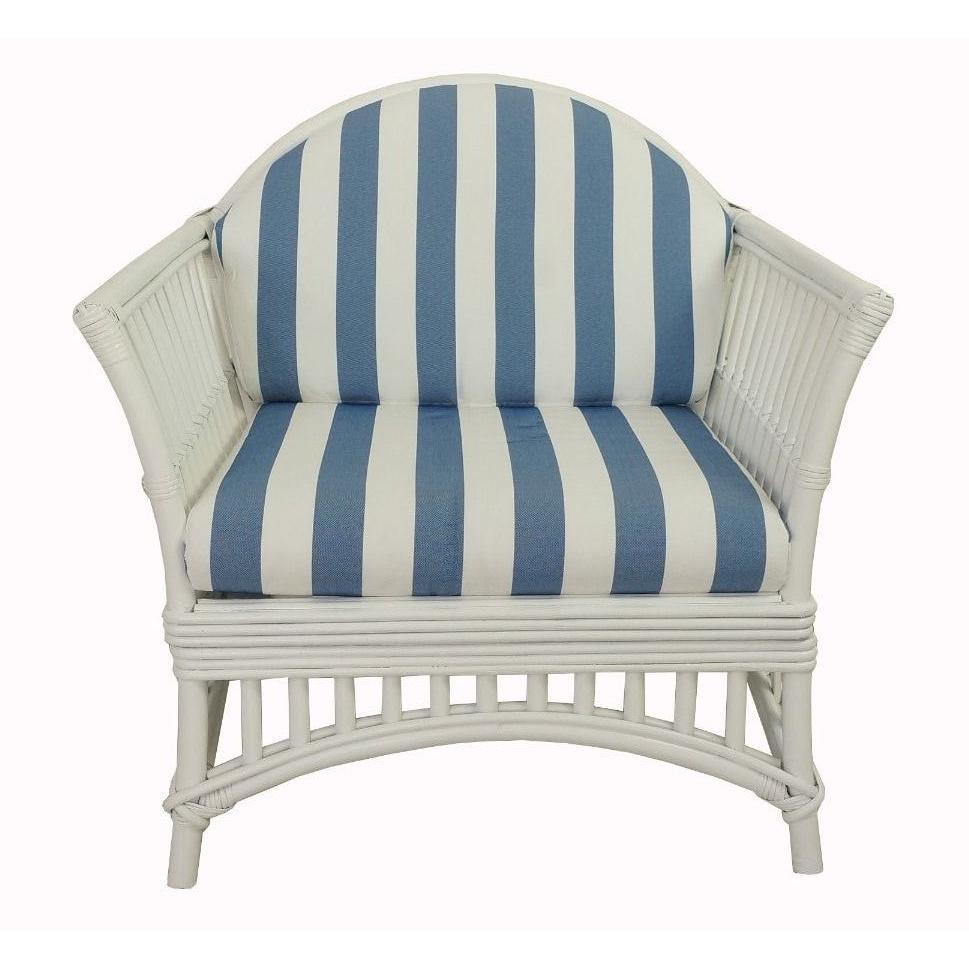DENIZE HAMPTONS RATTAN ARMCHAIR IN WHITE WITH A NAVY CUSHION AND AN ADDITIONAL OUTDOORS COVER IN BLUE & WHITE STRIPES - MyChocolateWood