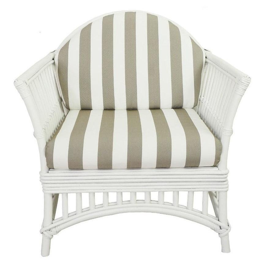 DENIZE HAMPTONS RATTAN ARMCHAIR IN WHITE WITH A NAVY CUSHION AND AN ADDITIONAL OUTDOORS COVER IN BROWN & WHITE STRIPES - MyChocolateWood