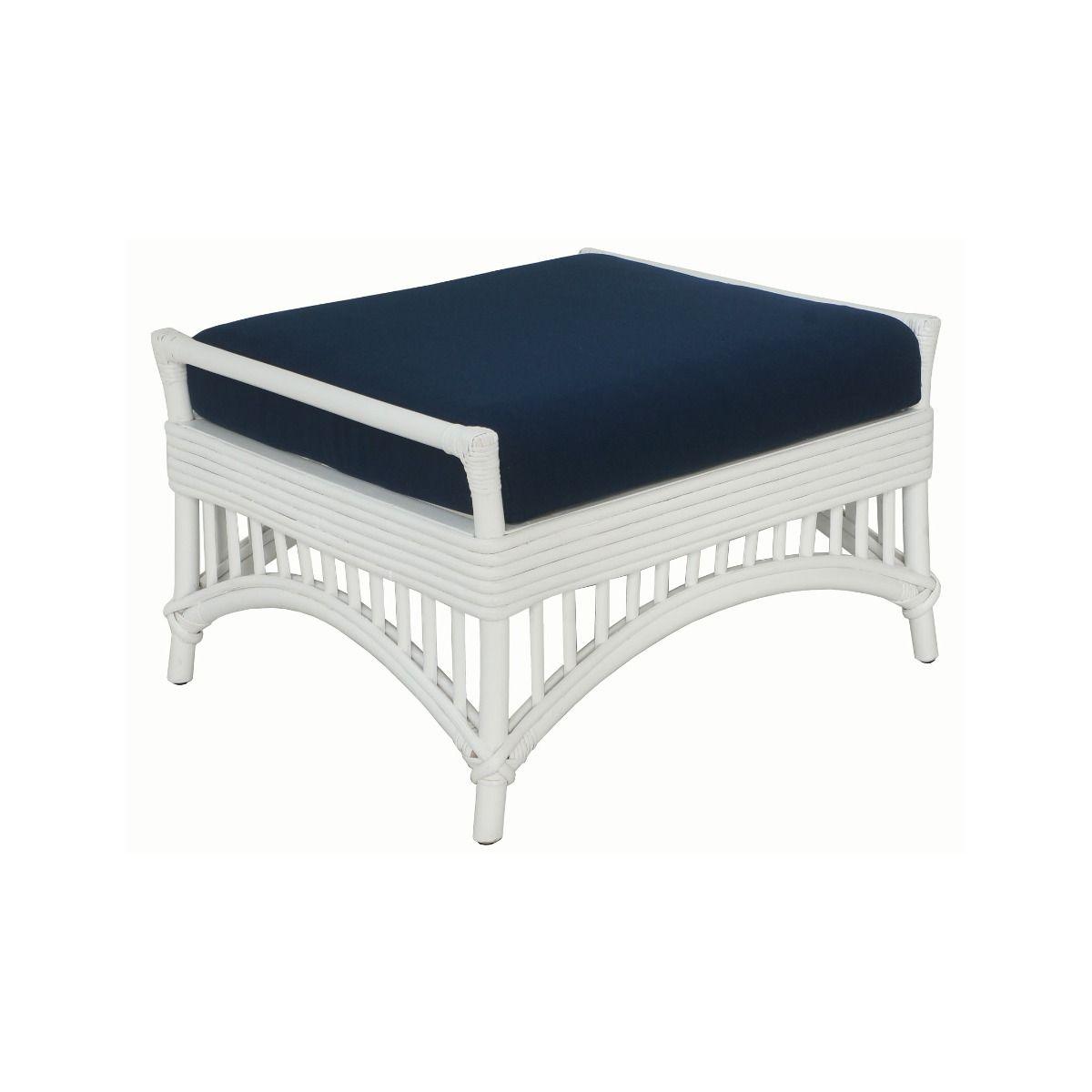 DENIZE HAMPTONS RATTAN OTTOMAN/POUF/FOOTSTOOL IN WHITE WITH A NAVY CUSHION AND AN ADDITIONAL OUTDOORS COVER IN BLUE & WHITE STRIPES - MyChocolateWood