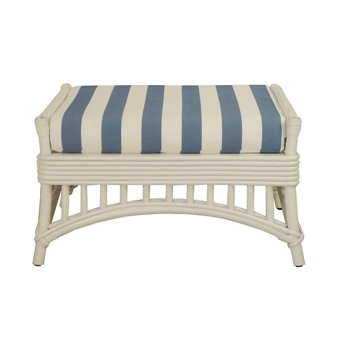 DENIZE HAMPTONS RATTAN OTTOMAN/POUF/FOOTSTOOL IN WHITE WITH A NAVY CUSHION AND AN ADDITIONAL OUTDOORS COVER IN BLUE & WHITE STRIPES - MyChocolateWood