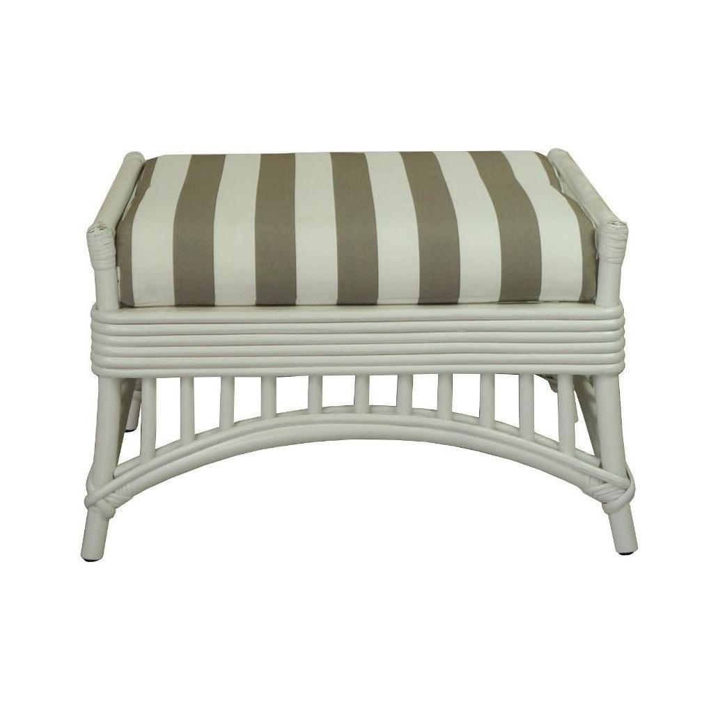DENIZE HAMPTONS RATTAN OTTOMAN/POUF/FOOTSTOOL IN WHITE WITH A NAVY CUSHION AND AN ADDITIONAL OUTDOORS COVER IN BROWN & WHITE STRIPES - MyChocolateWood