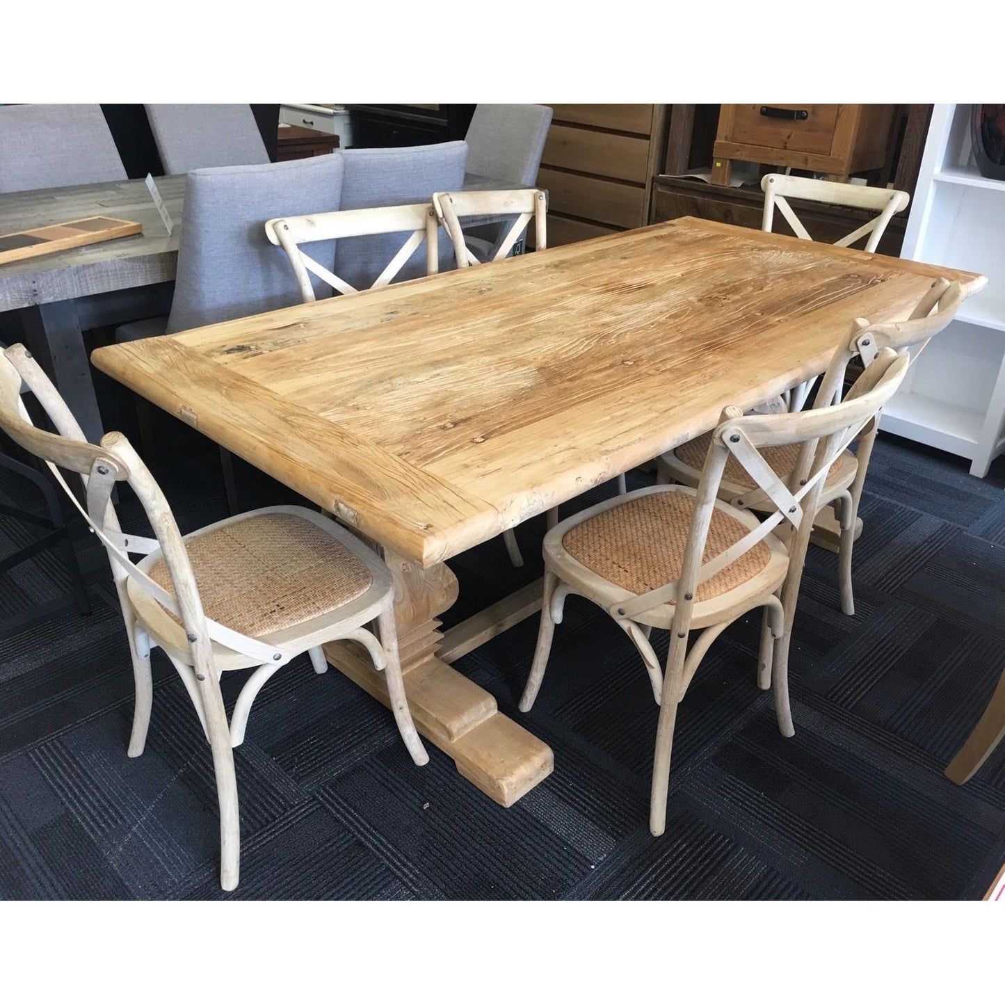 CLIFTON RUSTIC RECYCLED ELM DINING TABLE HAMPTONS STYLE 200CM - NATURAL DRIFTWOOD TOP/WHITE PEDESTAL