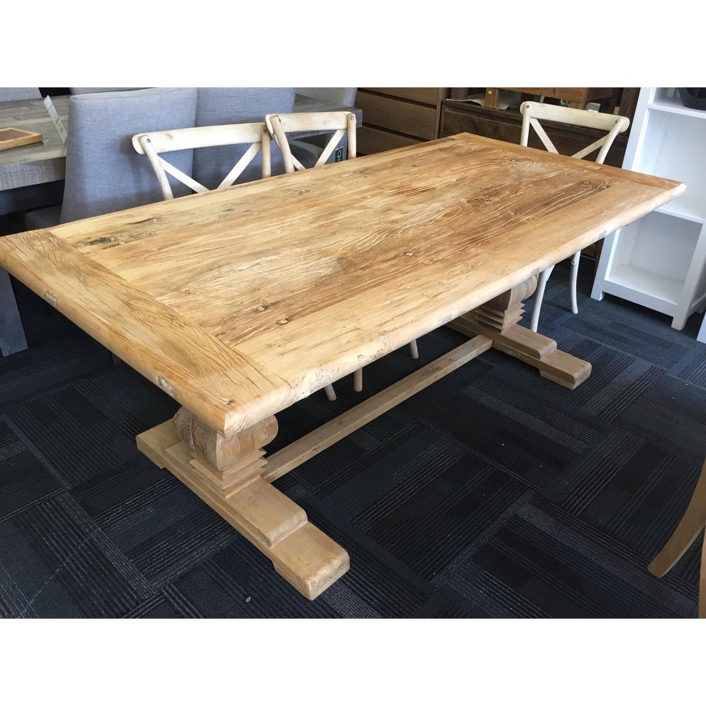 CLIFTON RUSTIC RECYCLED ELM DINING TABLE HAMPTONS STYLE 200CM - NATURAL DRIFTWOOD TOP/WHITE PEDESTAL