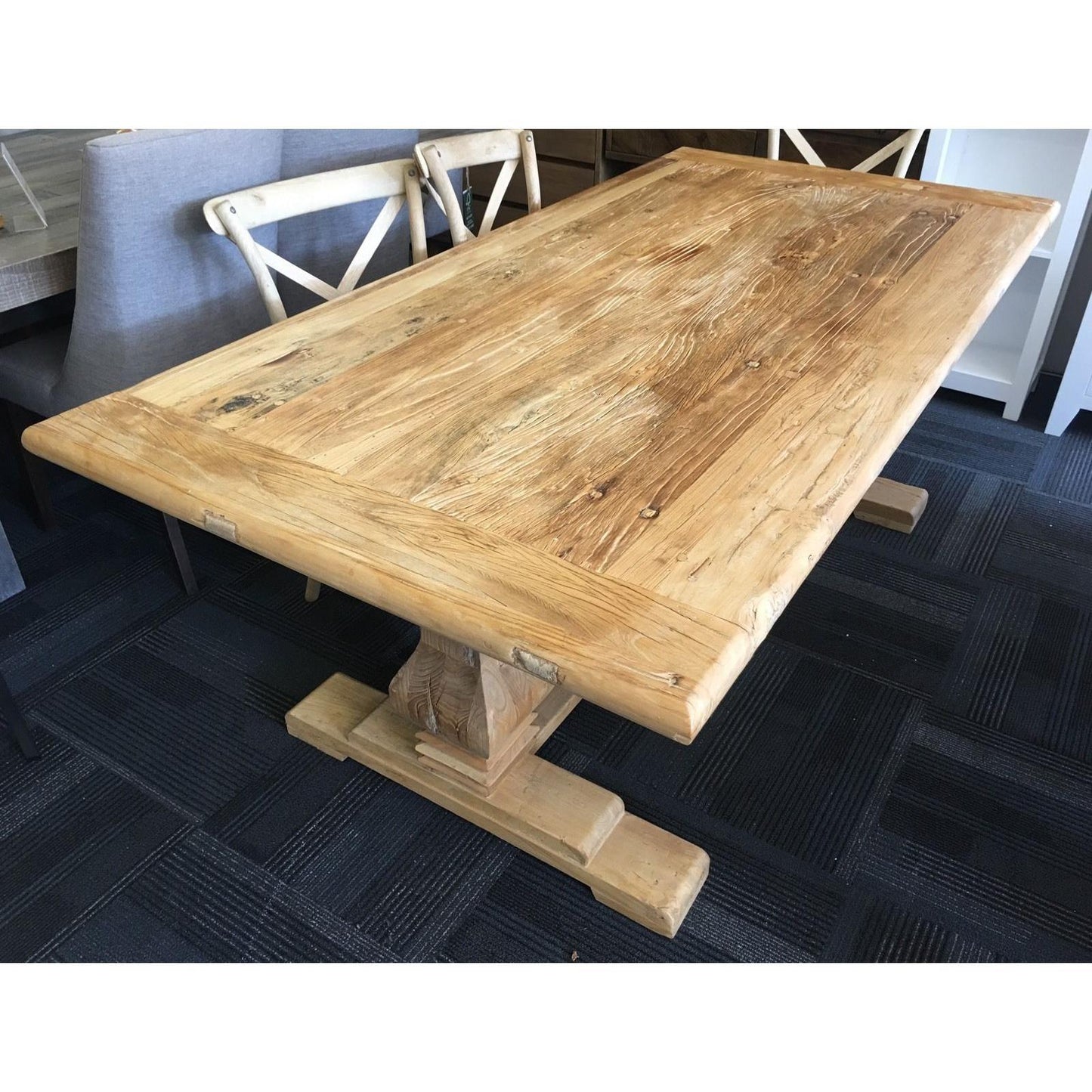 CLIFTON RUSTIC RECYCLED ELM DINING TABLE HAMPTONS STYLE 200CM - NATURAL DRIFTWOOD TOP/WHITE PEDESTAL
