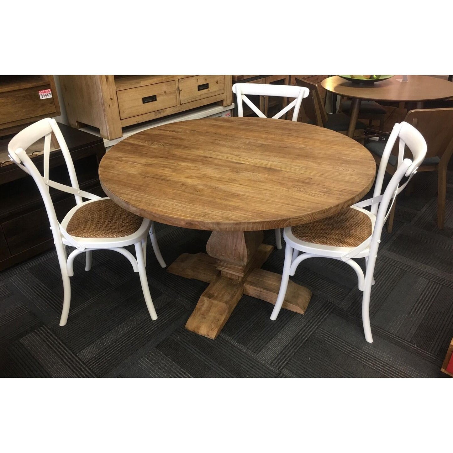 RHIANNON ROUND DINING TABLE IN RECYCLED ELM 120CM DIAMETER + 4 MELROSE DINING CHAIRS IN WHITE