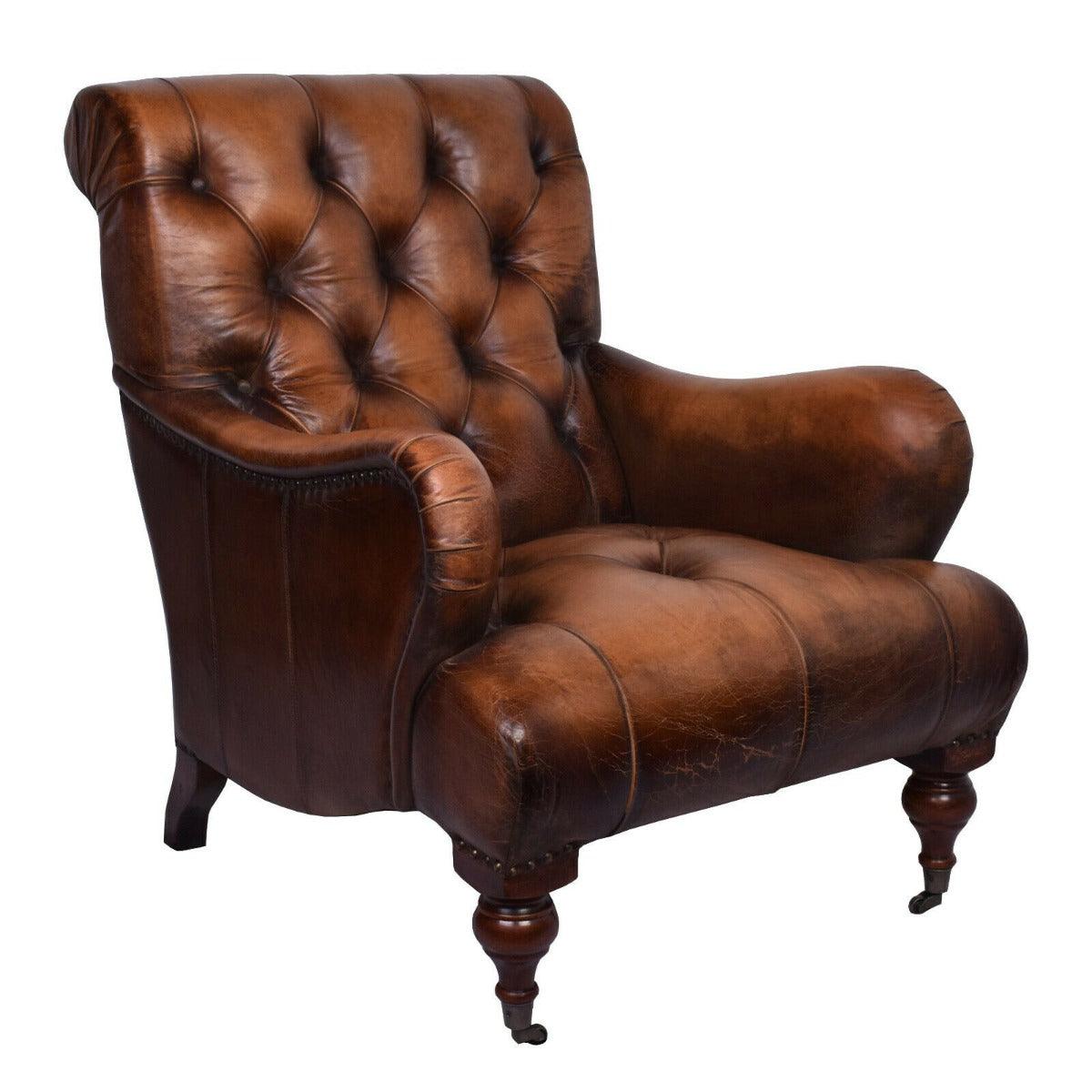 GROSVENOR ANTIQUE TOP GRAIN LEATHER ARMCHAIR/CLUB CHAIR /LOUNGE CHAIR IN CARAMEL