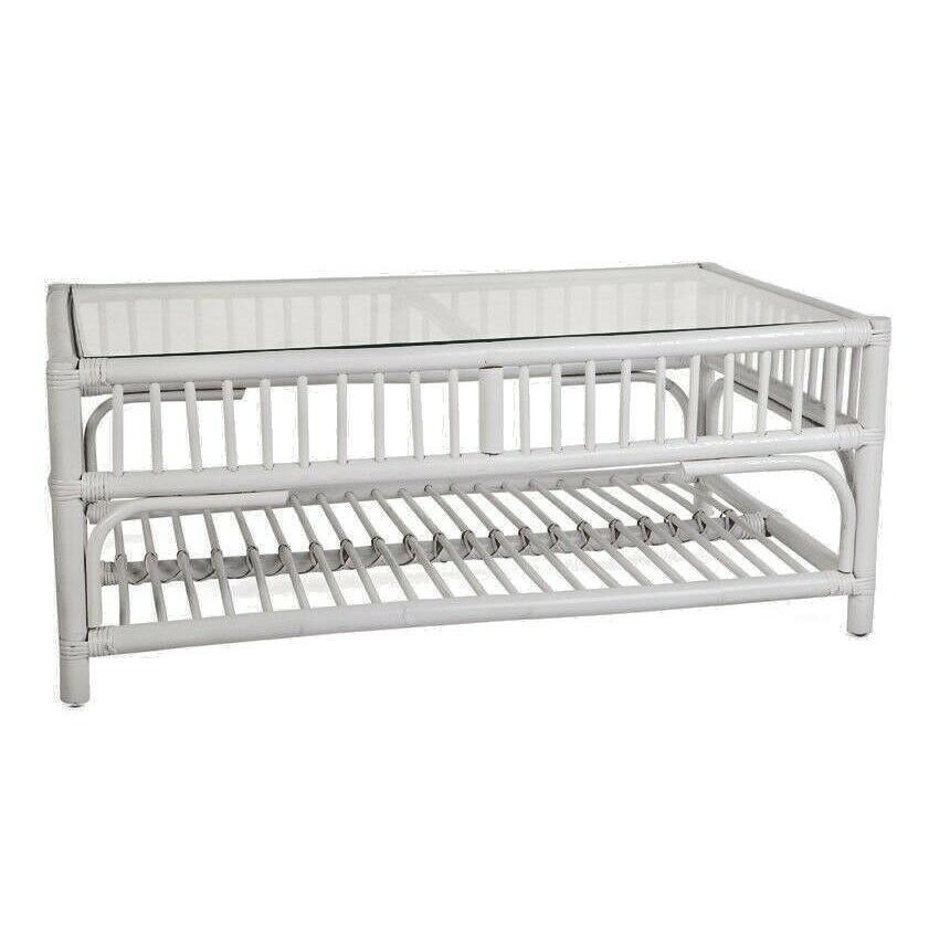 EURO SOLID WHITE RATTAN COFFEE TABLE WITH GLASS TOP - MyChocolateWood
