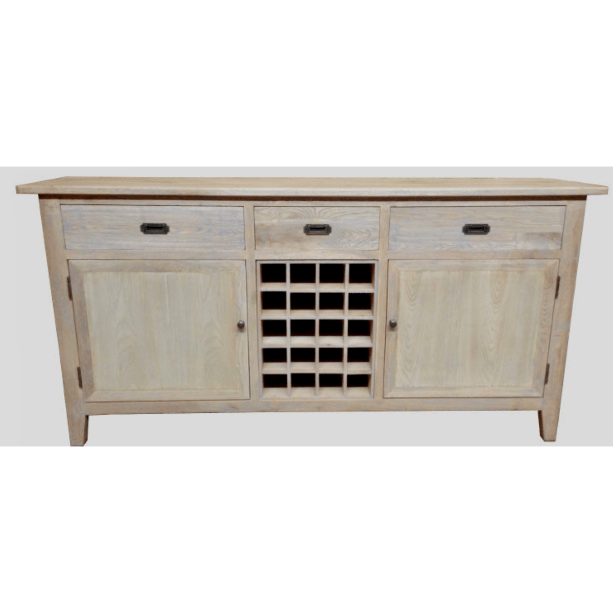 HAMPTON 180CM GREYWASHED OAK SIDEBOARD/BUFFET W/20 BOTTLE WINE RACK WITH 3 DRAWES & 2 DOORS