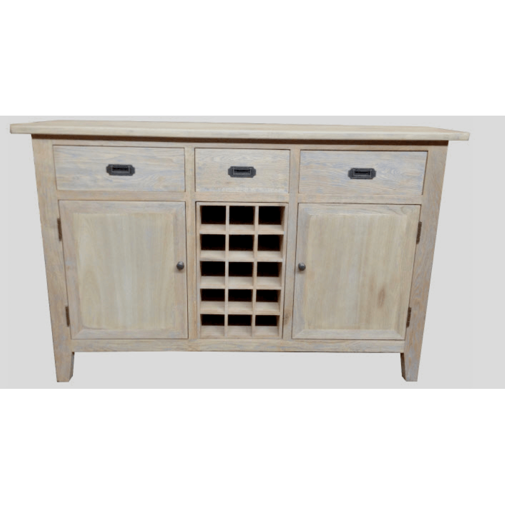 HAMPTON 140CM GREYWASHED OAK SIDEBOARD/BUFFET W/20 BOTTLE WINE RACK WITH 3 DRAWES & 2 DOORS