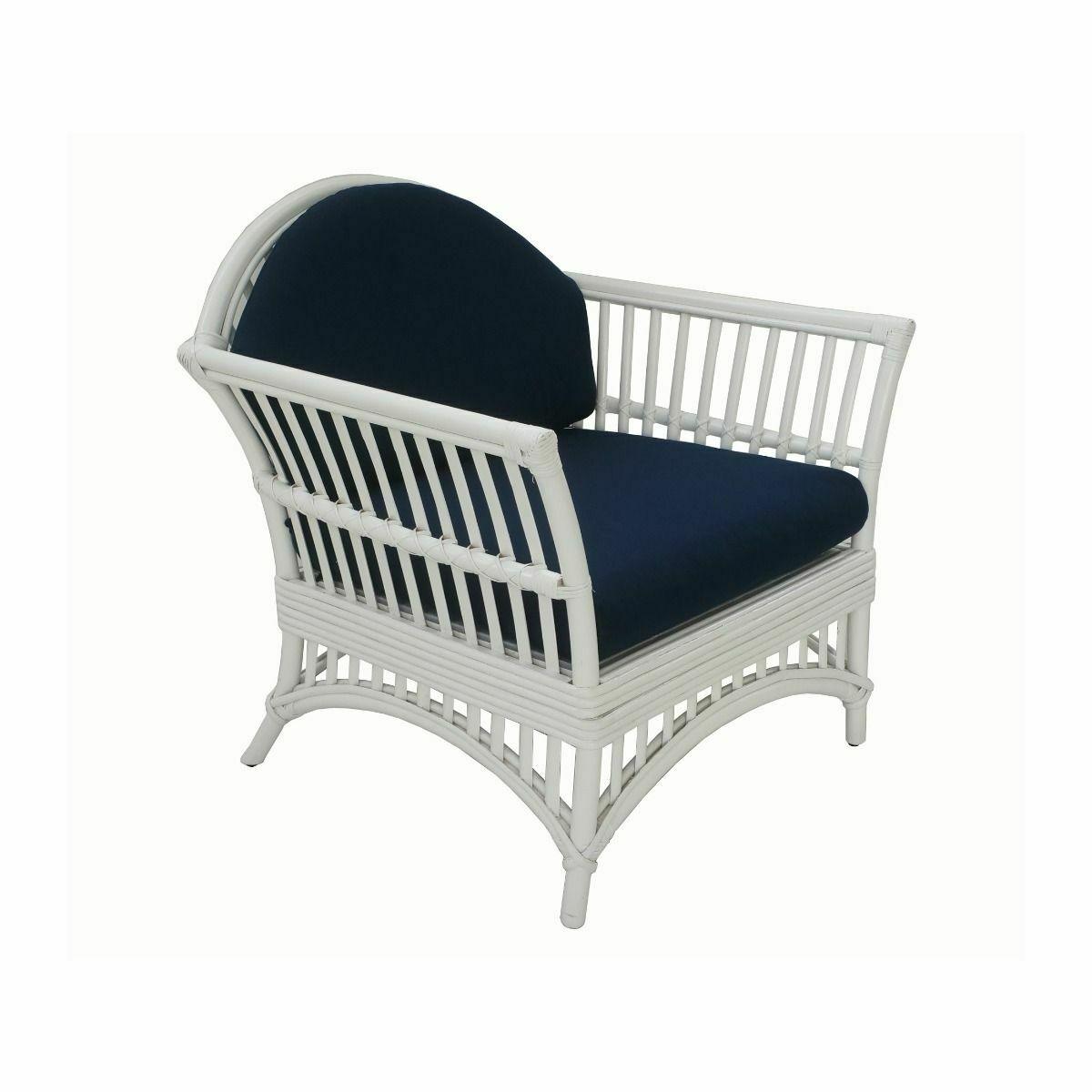 DENIZE HAMPTONS RATTAN ARMCHAIR EASY CHAIR WHITE WITH NAVY CUSHION