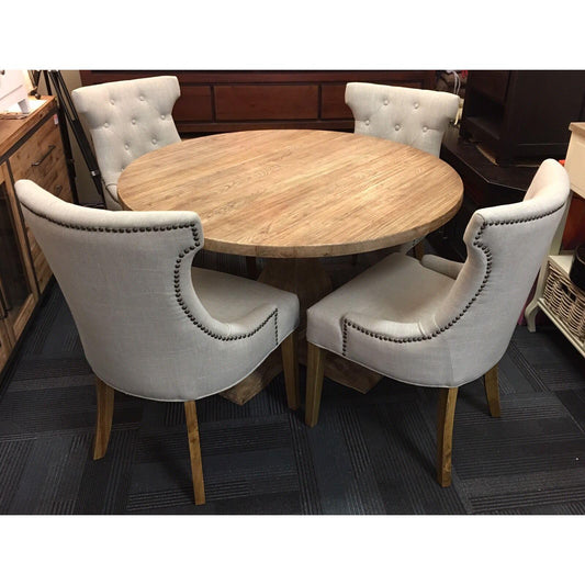 RHIANNON ROUND DINING TABLE IN RECYCLED ELM 120CM DIAMETER + 4 RIO DINING CHAIRS IN FLAXEEN